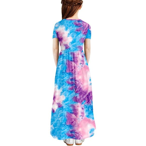 🆕Girls Tie Dye Dress Kids Short Sleeve Casual Loose Fit Maxi with Pockets - Picture 2 of 6